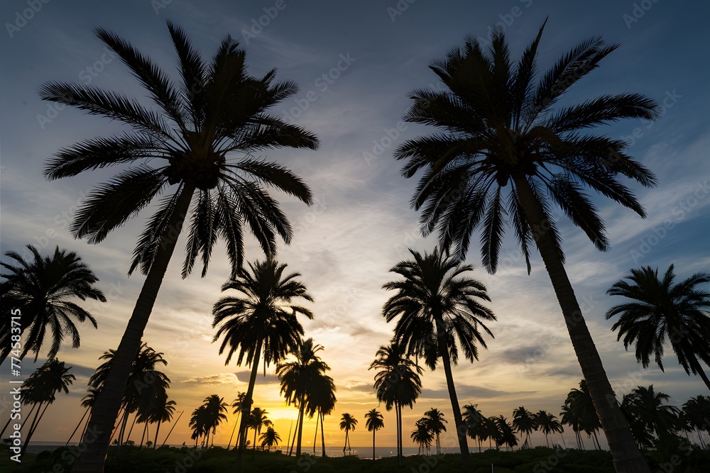 Palm trees over the sunset, tropical paradise landscape