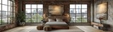 Contemporary loft bedroom with industrial accents and soft textilesHyperrealistic