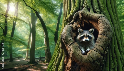 A raccoon peeking out from a hole in a tree in a lush forest.