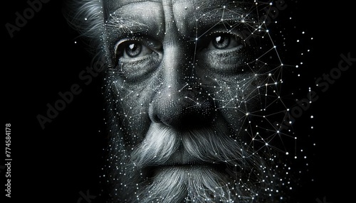 A dense constellation of silver dots and thin lines on a dark background creating the image of an elder man’s wise face. photo