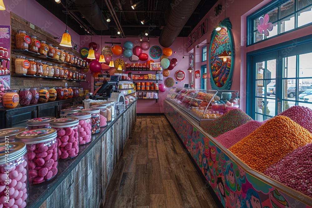 Colorful candy store with playful displays and bright