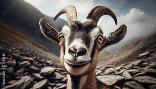 A close-up of a goat with a mischievous grin, horns in clear focus against a rocky terrain backdrop. photo