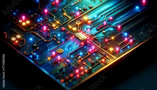 A close-up of a glowing neon circuit board with bright nodes and electric currents flowing through, featuring vivid colors against a dark background, .