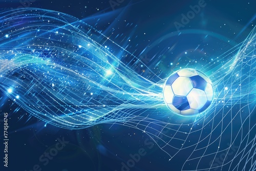 Illustrative Concept of Soccer Ball with Light Trails in Goal Net  Sporty Background