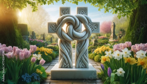 A pair of intertwined crosses carved from marble, standing at the entrance of a peaceful garden blooming with spring flowers.