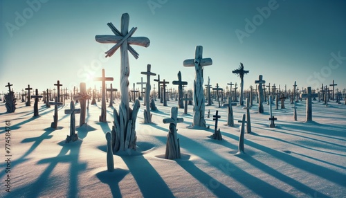 An array of variously sized crosses made from driftwood, standing on a snowy hill with a clear blue sky above.