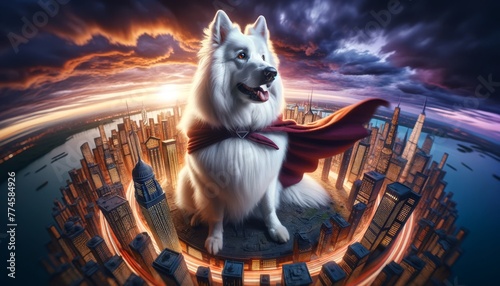A white Swiss Shepherd dog with soft, fluffy fur, wearing a superhero cape, posed heroically.