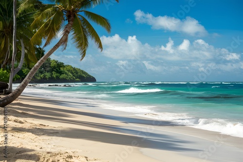 Picture Sunny beach with sea waves and sand, tropical vacation photo