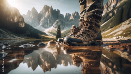 A detailed image of a pair of hiking boots at the edge of a mountain stream, with the reflection showing a majestic mountain range. photo