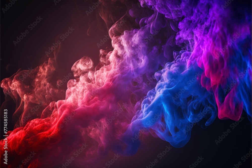 Abstract Art of Swirling Smoke Plumes in Blue, Pink, Red, and Purple Hues with Ample Space on Black Background