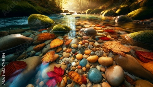 A high-definition, noise-free image capturing a close-up of colorful pebbles and fallen autumn leaves submerged in the crystal clear water of a serene. photo