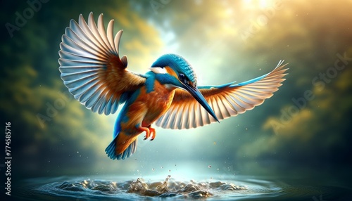 Design a detailed and photorealistic image of a kingfisher hovering mid-air with its wings fully spread, on the verge of diving into the water below. photo
