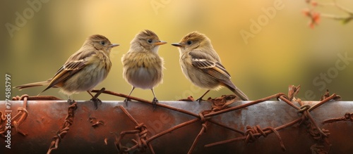 Pair of birds resting on an old metal pipe covered in barbed wire with a blurred background of industrial setting