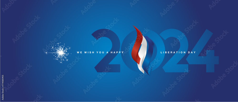 Happy Liberation Day 2024 event. Netherlands 3d flag ribbon flame over numbers of 2024 vector illustration on blue background - obrazy, fototapety, plakaty 