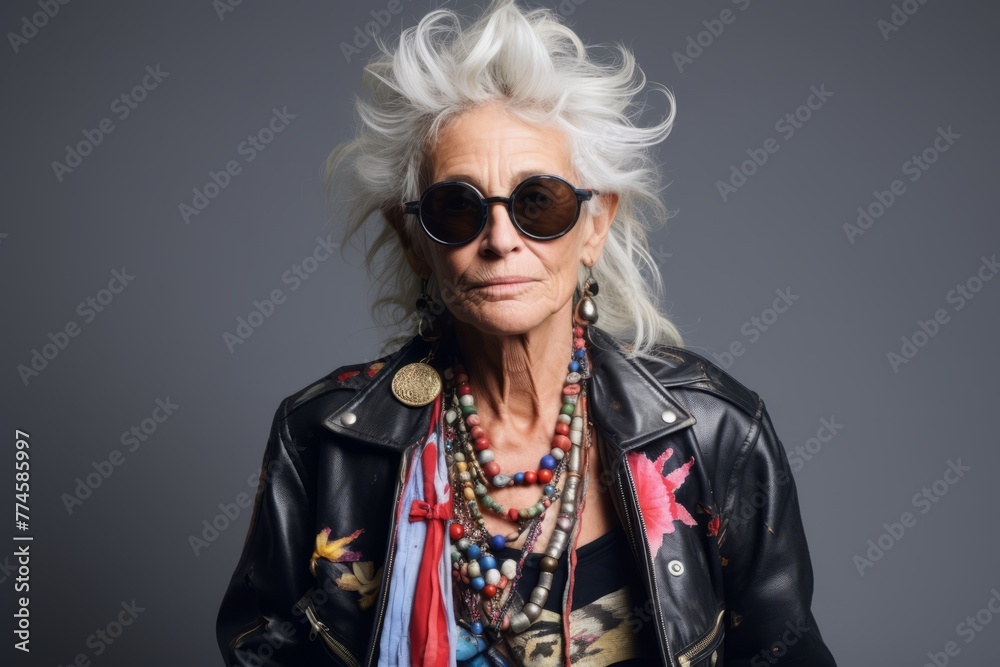 Portrait of stylish senior woman with short white hair and sunglasses. Portrait of stylish senior woman with short white hair and sunglasses.