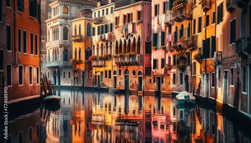 A detailed close-up of colorful Venetian building facades reflecting in the calm canal water. photo