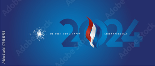 Happy Liberation Day 2024 event. Netherlands 3d flag ribbon flame over numbers of 2024 vector illustration on blue background