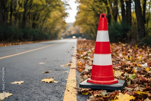 Publish Construction cone on road in autumn, seasonal road safety