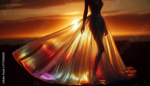 A close-up image of a translucent, flowing dress with a spectrum of sunset colors worn by a figure standing against the backdrop of a sunset. © FantasyLand86