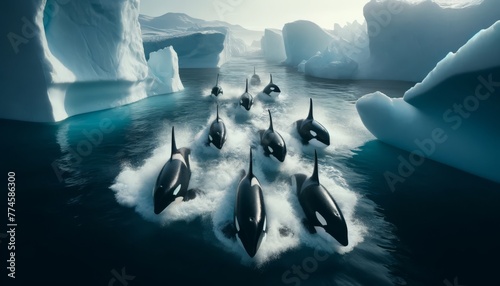 A medium shot of a pod of orcas swimming in formation near icebergs.
