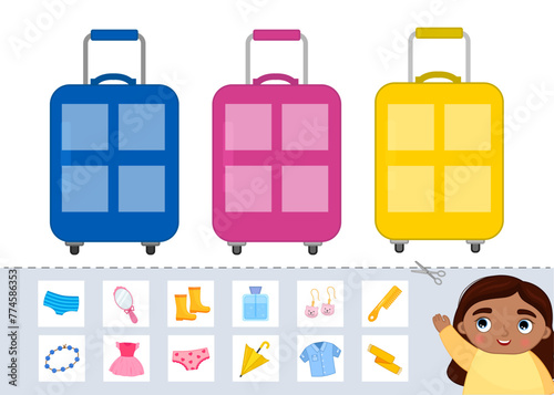 Matching children educational game. Organize clothes in suitcases by color. Activity for pre sсhool years kids and toddlers.