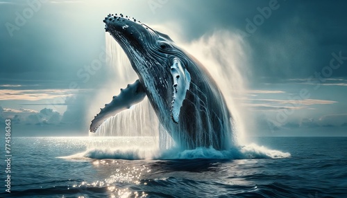 A close-up of a humpback whale breaching the ocean surface.