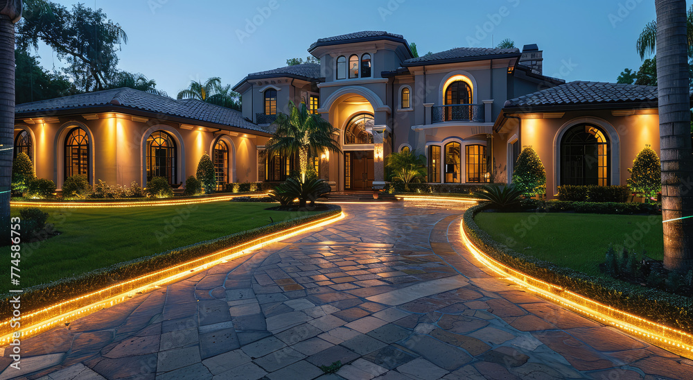 an advertisement for LED light strips on the driveway of an opulent mansion in Florida at night. Created with Ai - obrazy, fototapety, plakaty 