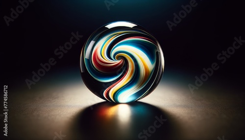 A close-up shot of a glass marble against a dark backdrop, with a swirl of colors inside that echo the tones of the uploaded image.