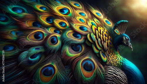 A close-up medium shot of a peacock's tail, with the feathers stylized to resemble flowing paint similar to the uploaded image.