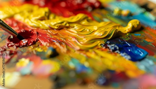 A detailed close-up of vibrant paint swirls in a palette of primary colors with the texture of the paint appearing almost tangible.