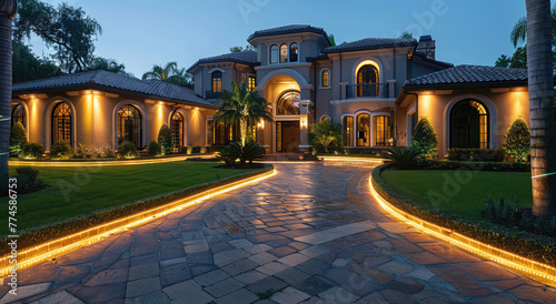 an advertisement for LED light strips on the driveway of an opulent mansion in Florida at night. Created with Ai photo