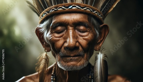 A close-up portrait of an indigenous elder with weathered skin, their eyes gently closed, wearing a crown of feathers and traditional ear ornaments.