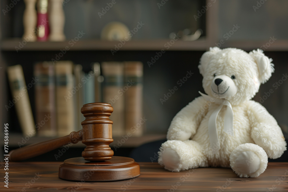 Fototapeta premium Wooden gavel on the judge's bench, next to a white teddy bear, with a scared expression, symbolizing justice, law and court decisions, interest of the child