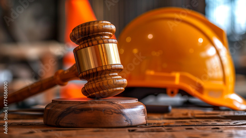 Wooden gavel on the judge's bench, next to a construction worker's helmet, symbolizing justice decisions, Labor law concept © Thumbs