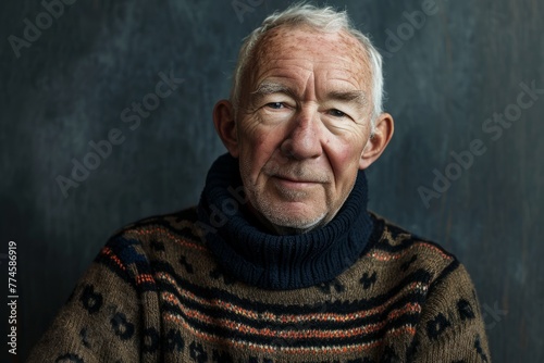 Portrait of an elderly man in a sweater on a dark background.