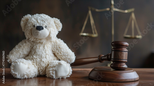Wooden gavel on the judge's bench, next to a white teddy bear, with a scared expression, symbolizing justice, law and court decisions, interest of the child © Thumbs