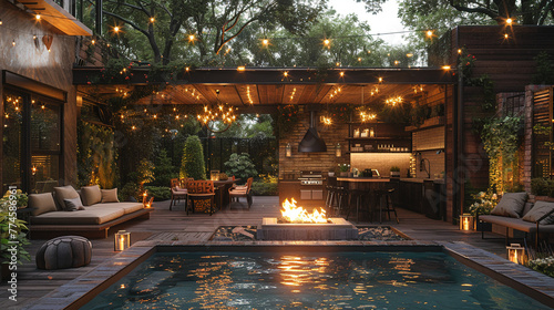 Rustic outdoor kitchen and dining area with a fire pit and string lightsHyperrealistic photo