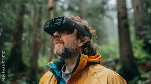 A Canadian man slightly smiling his augmented reality glasses set against a forest green background photo
