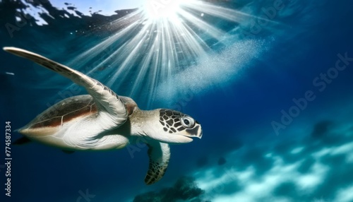 A close-up of a sea turtle swimming underwater with sunbeams penetrating the ocean surface.