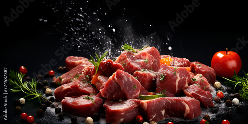 Sliced raw beef on a plate with bay leaf and seasonings for eid festivel for muslim with dark background
 photo
