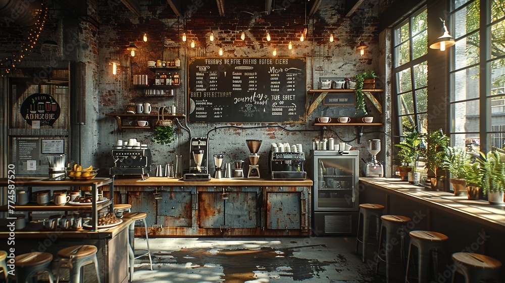 Industrial chic coffee shop with metal accents and communal seating8K