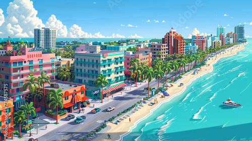 A clean pixel art scene of the Miami Beach coastline featuring isometric views of the art deco buildings and palm-lined beaches photo