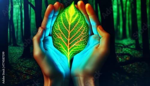 Two hands holding a vibrant, luminescent leaf with a network of glowing veins, symbolizing a connection with nature. photo