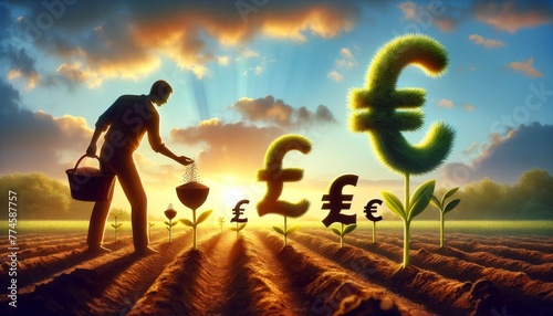 A human figure standing in a field, sowing seeds with euro, pound, and yen symbols sprouting, representing diverse economic growth. photo