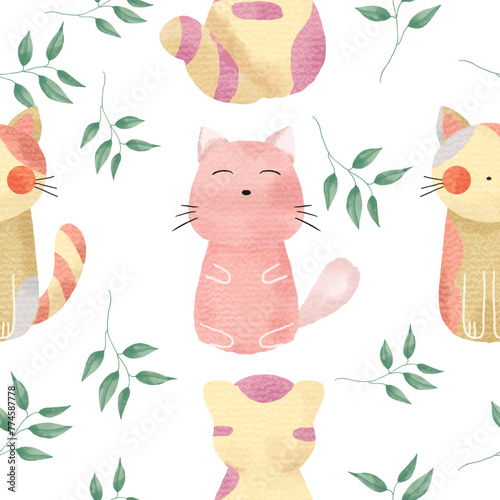 Cute Cat Watercolor Seamless Pattern