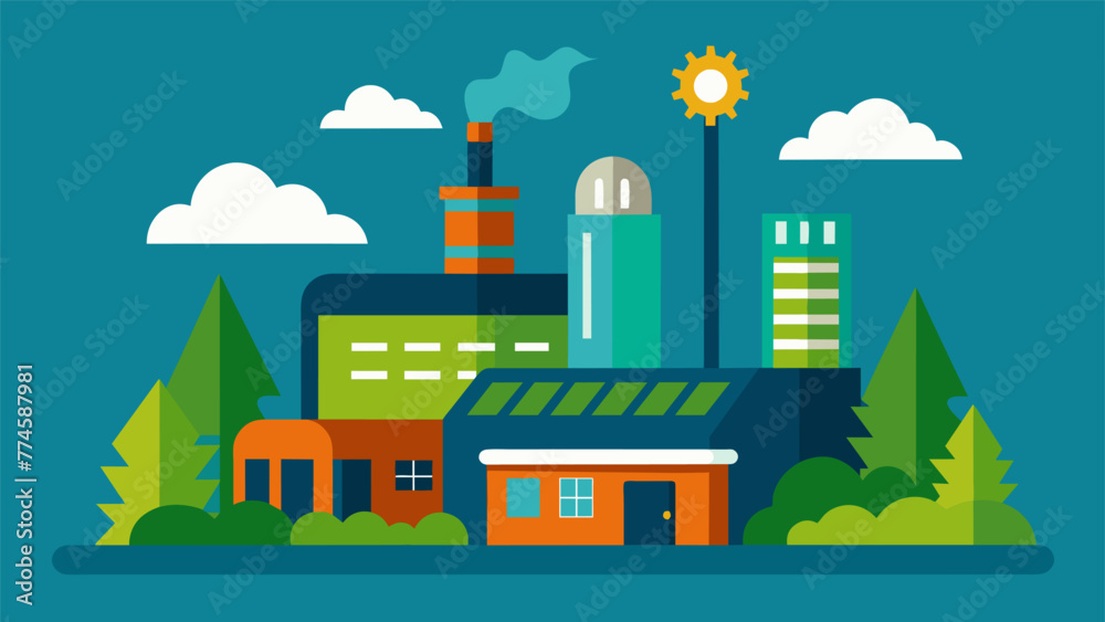 Naklejka premium Detailed image of a newly built factory proudly displaying their ecofriendly practices and initiatives such as waste reduction and renewable