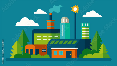 Detailed image of a newly built factory proudly displaying their ecofriendly practices and initiatives such as waste reduction and renewable