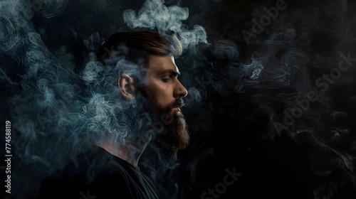 Bearded Man With Dark Smoke Texture Background Portrait Photography (Generative AI)