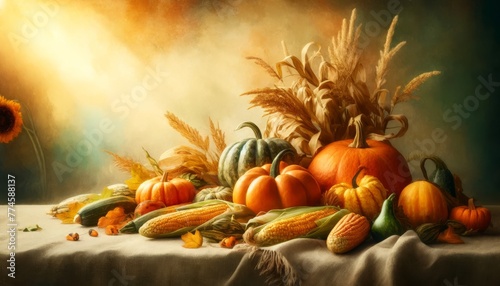An array of autumn harvest with pumpkins, squash, and ears of corn on a soft, textured cloth, showcasing the warmth of the season.
