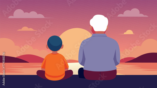 A grandfather and his grandson sit side by side quietly enjoying each others company as they watch the sunset.